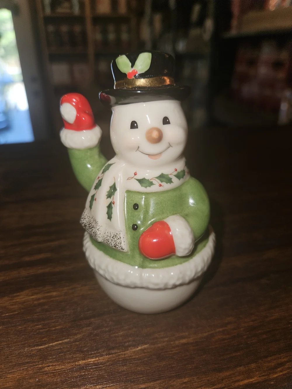 LENOX Holiday Snowman Ceramic Salt and Pepper Shakers - Green and White